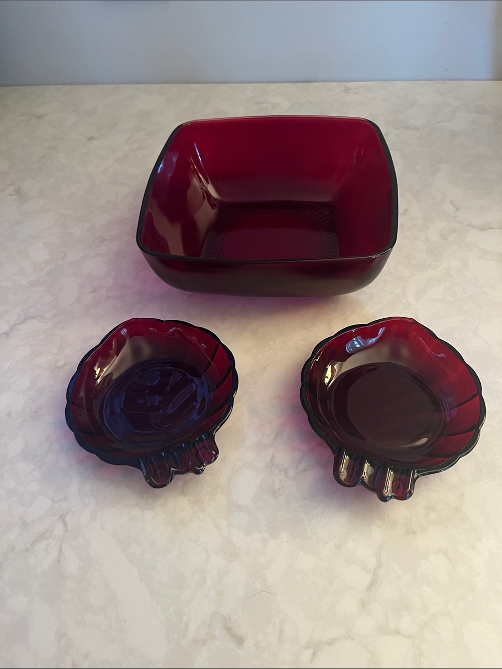 Vintage Ruby Red CHIP & DIP 2-- BOWLS . Shallow leaf shaped dip bowls